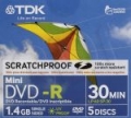 DVD-R TDK 1.4GB Mini DVD 8cm SCRATCHPROOF 5XBOX